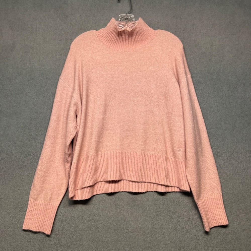 Calvin Klein Boxy Mock Neck Sweater Pink Knit Pullover L Lounge Soft Casual Cozy
